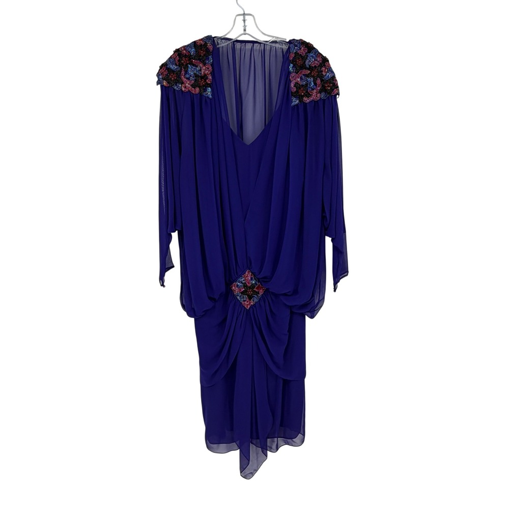 Vintage 1982 Casadei Purple Beaded Chiffon Draped Cocktail Dress Size 10